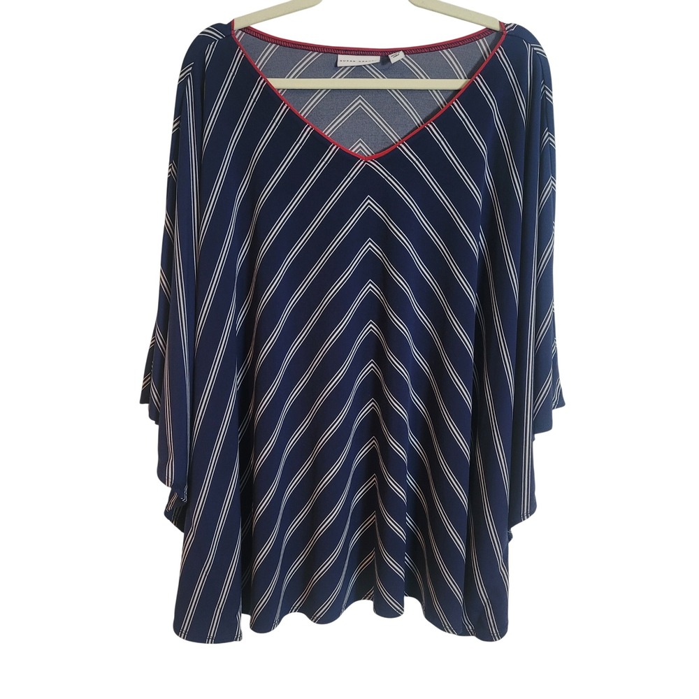 Susan Graver Navy Blue White Chevron Stripe Liquid Knit Poncho Blouse 3X‎ V-Neck